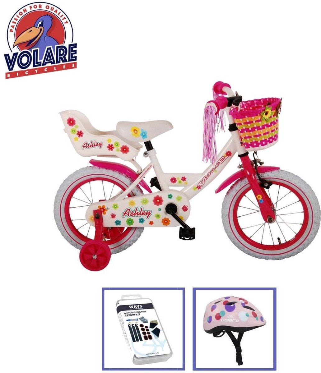 Volare Kinderfiets Ashley - 14 inch - Rood/Wit - Inclusief fietshelm & accessoires Kinderfiets kopen online