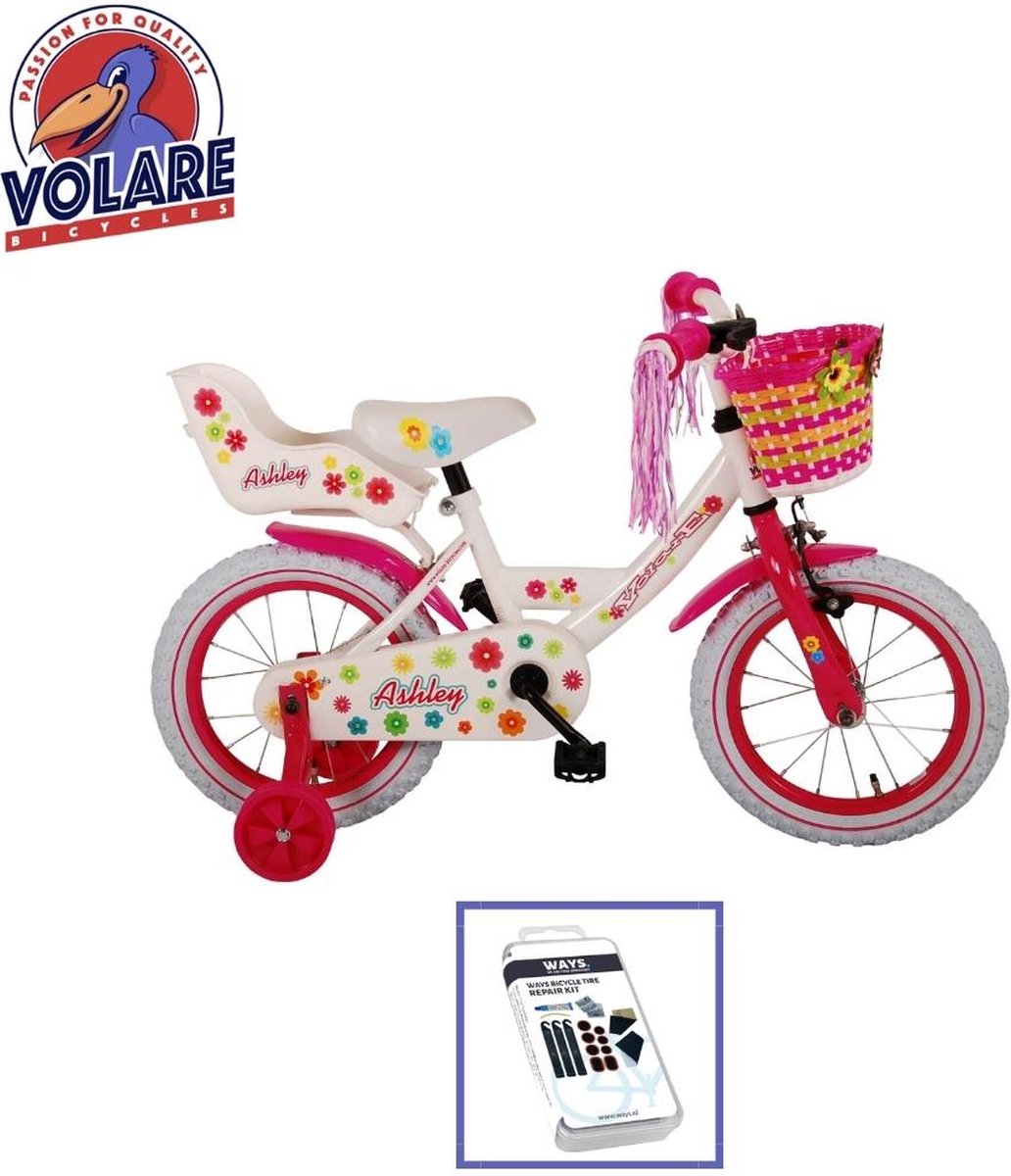 Volare Kinderfiets Ashley - 14 inch - Rood/Wit - Inclusief WAYS Bandenplakset Kinderfiets kopen online