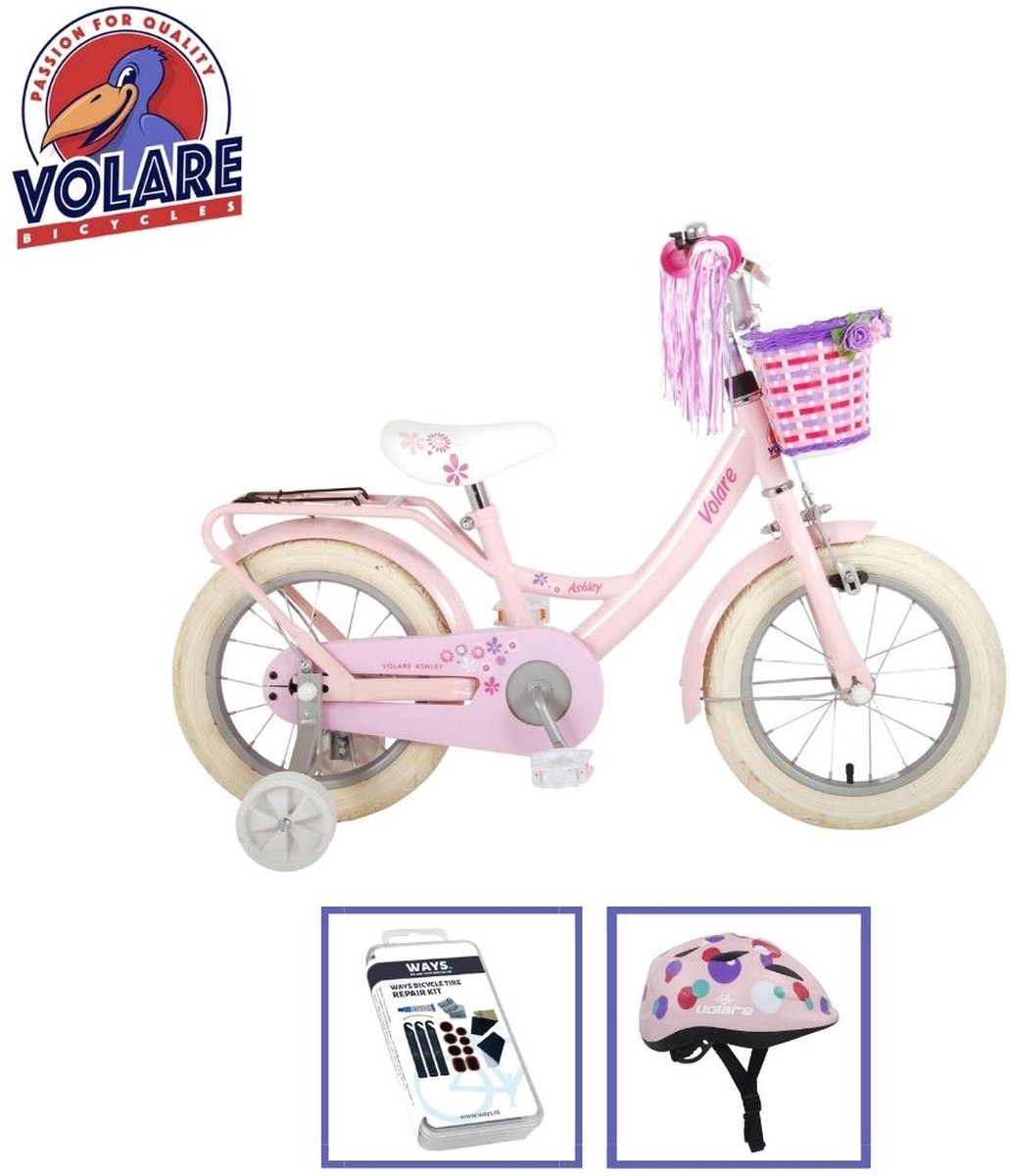 Volare Kinderfiets Ashley - 14 inch - Roze - 95% afgemonteerd - Inclusief fietshelm & accessoires Kinderfiets kopen online