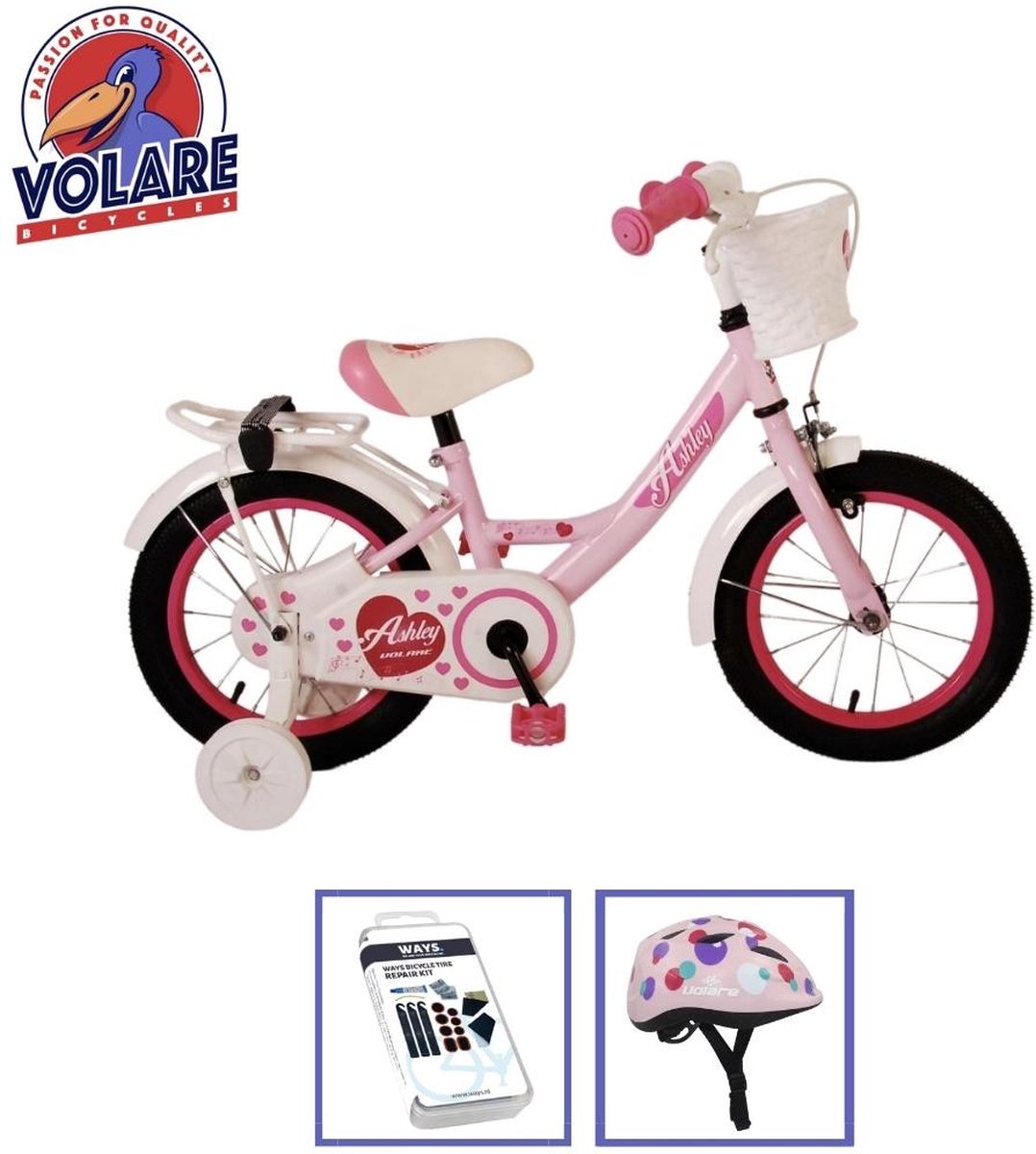volare kinderfiets ashley 14 inch roze inclusief fietshelm accessoires