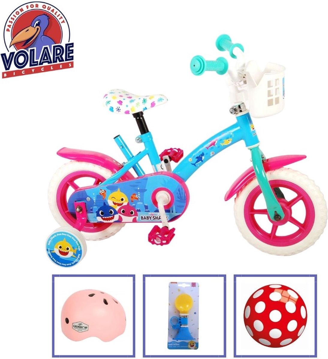 Volare Kinderfiets Baby Shark - 10 inch - Roze/Blauw - Doortrapper - Met fietshelm & accessoires Kinderfiets kopen online