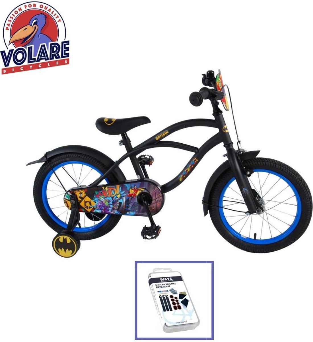 Volare Kinderfiets Batman - 16 inch - Zwart - Inclusief WAYS Bandenplakset Kinderfiets kopen online