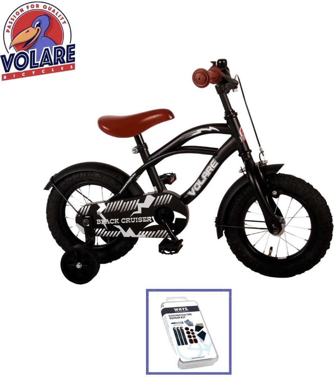 Volare Kinderfiets Black Cruiser - 12 inch - Zwart - Inclusief WAYS Bandenplakset Kinderfiets kopen online