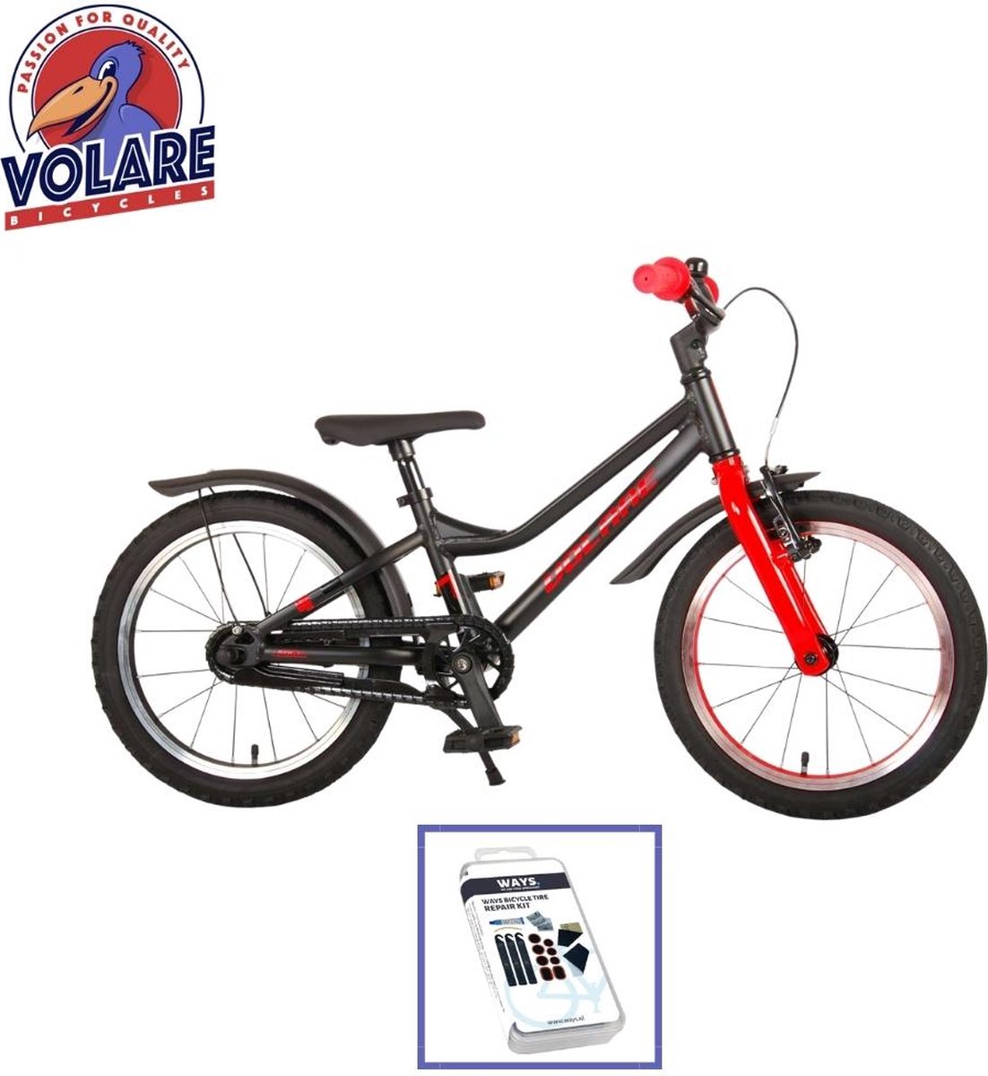 Volare Kinderfiets Blaster - 16 inch - Zwart/Rood - Inclusief WAYS Bandenplakset Kinderfiets kopen online
