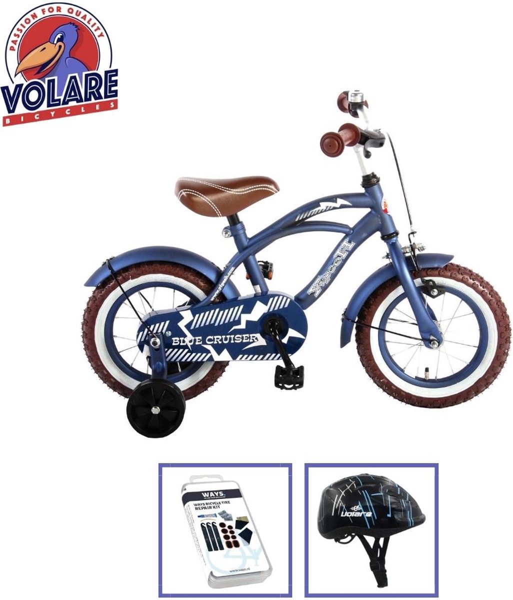 volare kinderfiets blue cruiser 12 inch blauw met fietshelm accessoires
