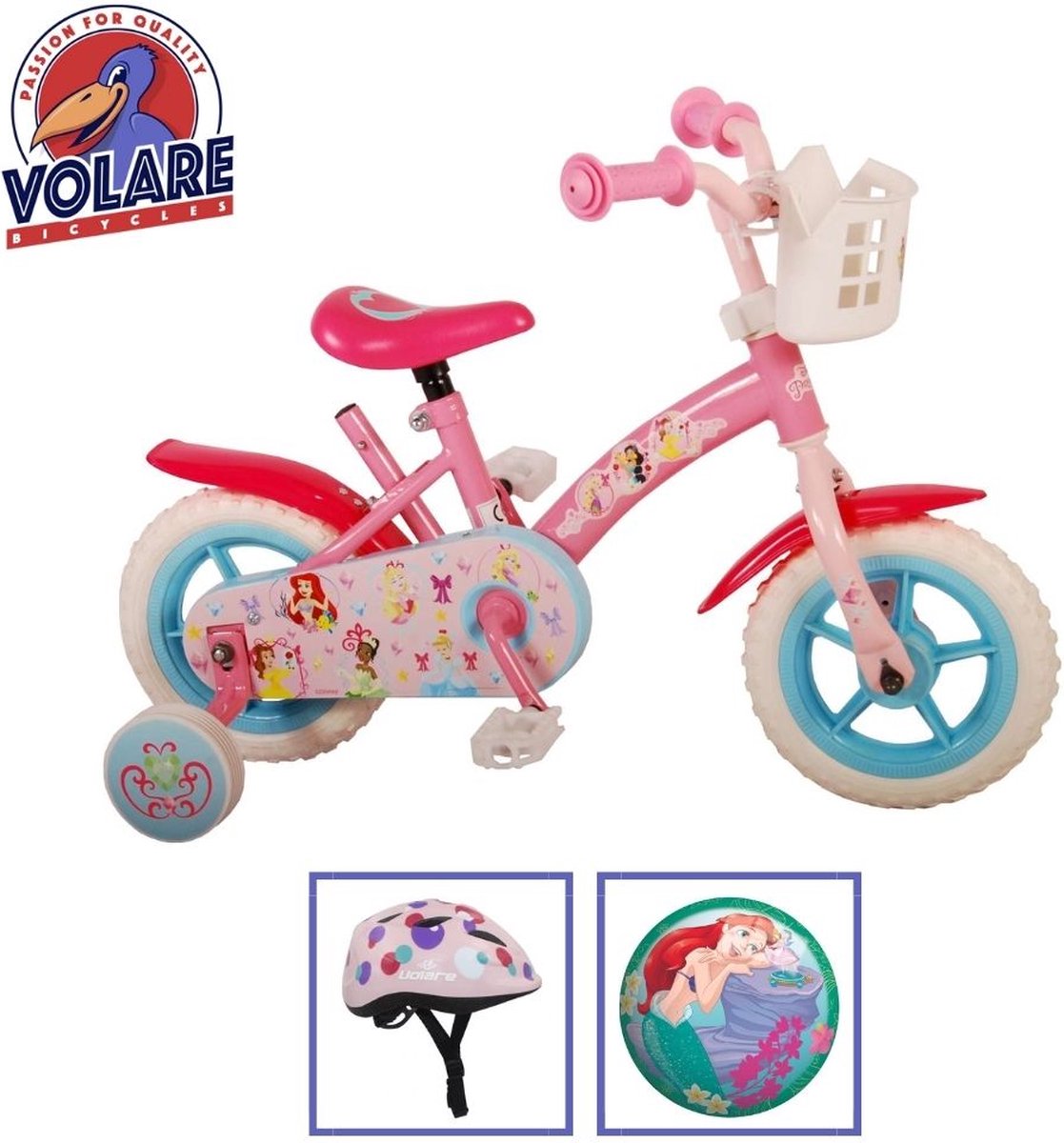 volare kinderfiets disney princess 10 inch doortrapper met fietshelm en accessoires