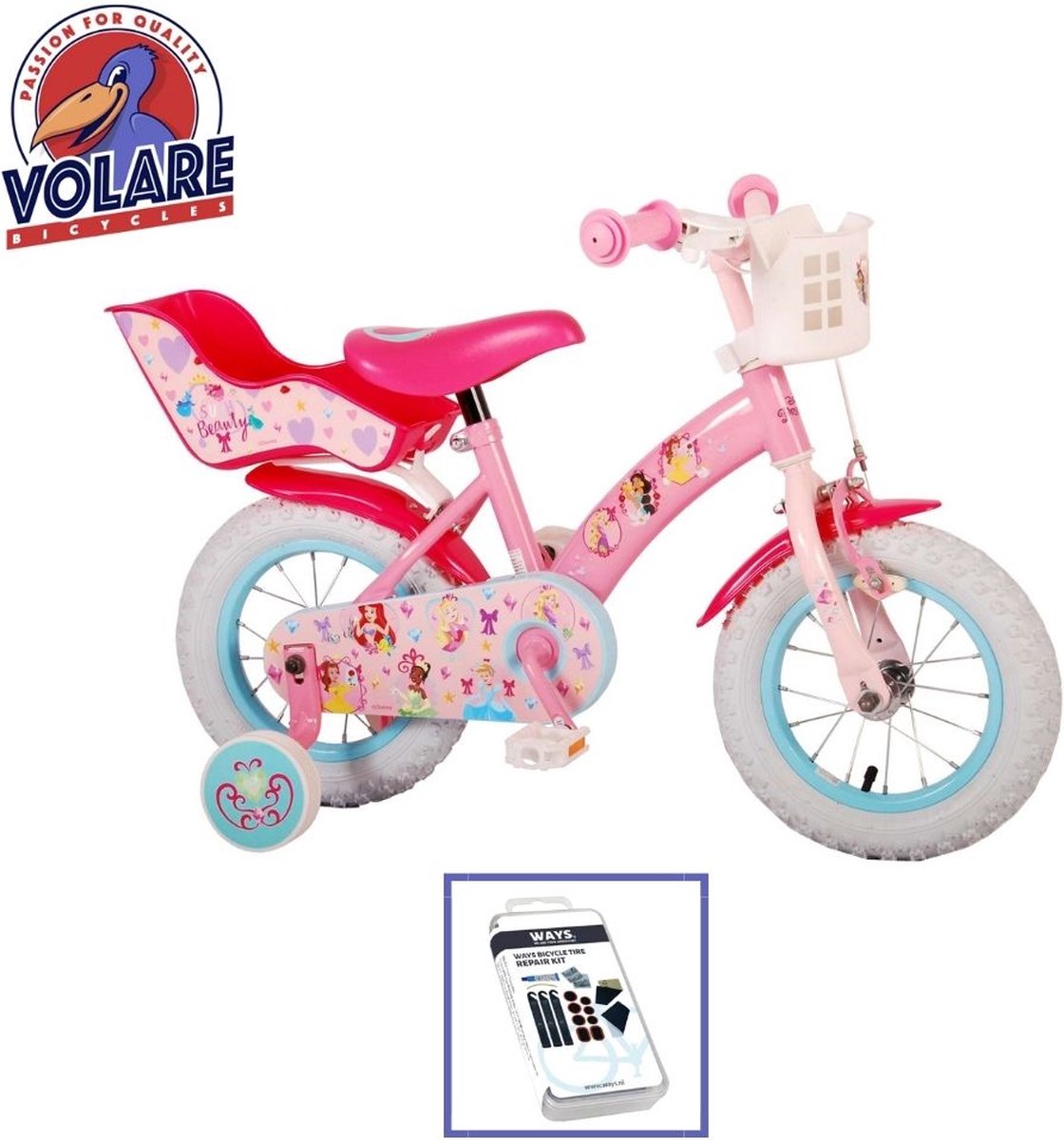 Volare Kinderfiets Disney Princess - 12 inch - Roze - Inclusief WAYS Bandenplakset Kinderfiets kopen online