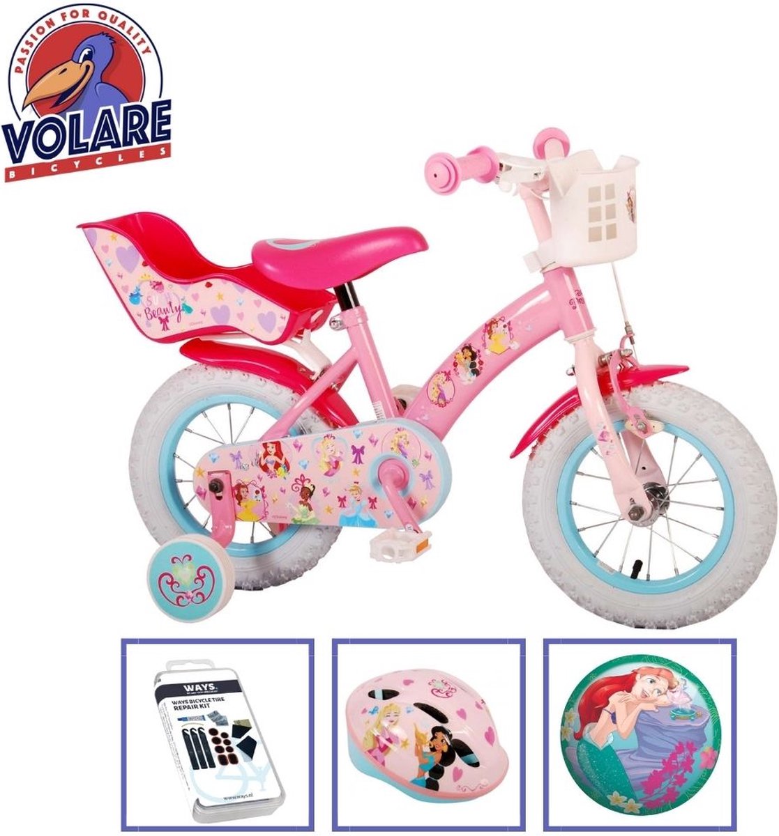 Volare Kinderfiets Disney Princess - 12 inch - Roze - Met fietshelm en accessoires Kinderfiets kopen online