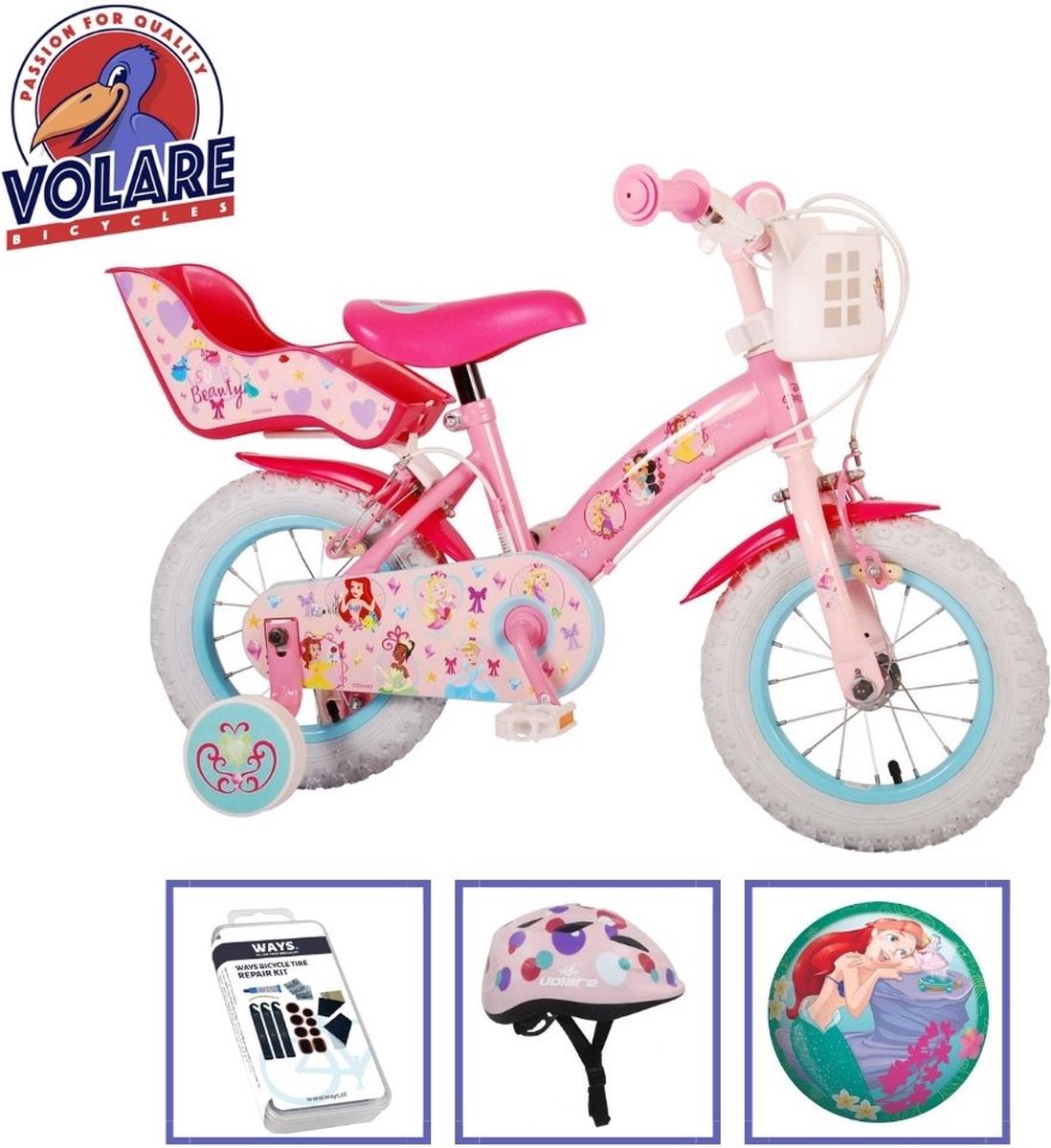 Volare Kinderfiets Disney Princess - 12 inch - Roze - Twee handremmen - Met fietshelm & accessoires Kinderfiets kopen online