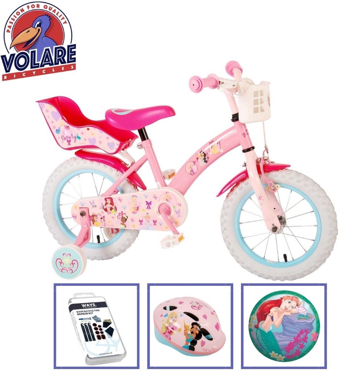 volare kinderfiets disney princess 14 inch roze met fietshelm en accessoires