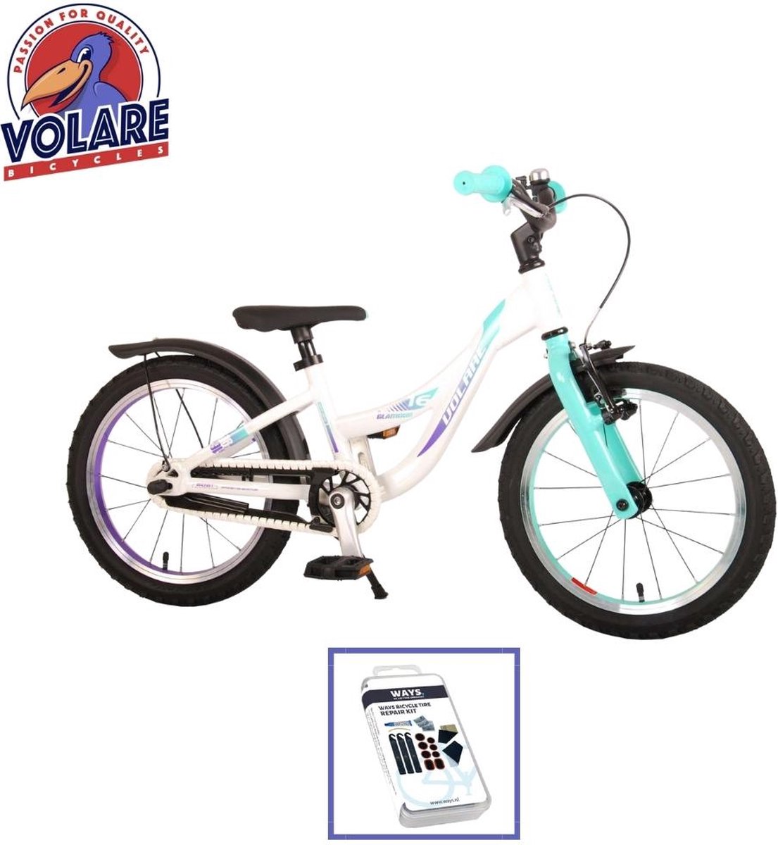 Volare Kinderfiets Glamour - 16 inch - Wit/Mintgroen - Inclusief WAYS Bandenplakset Kinderfiets kopen online