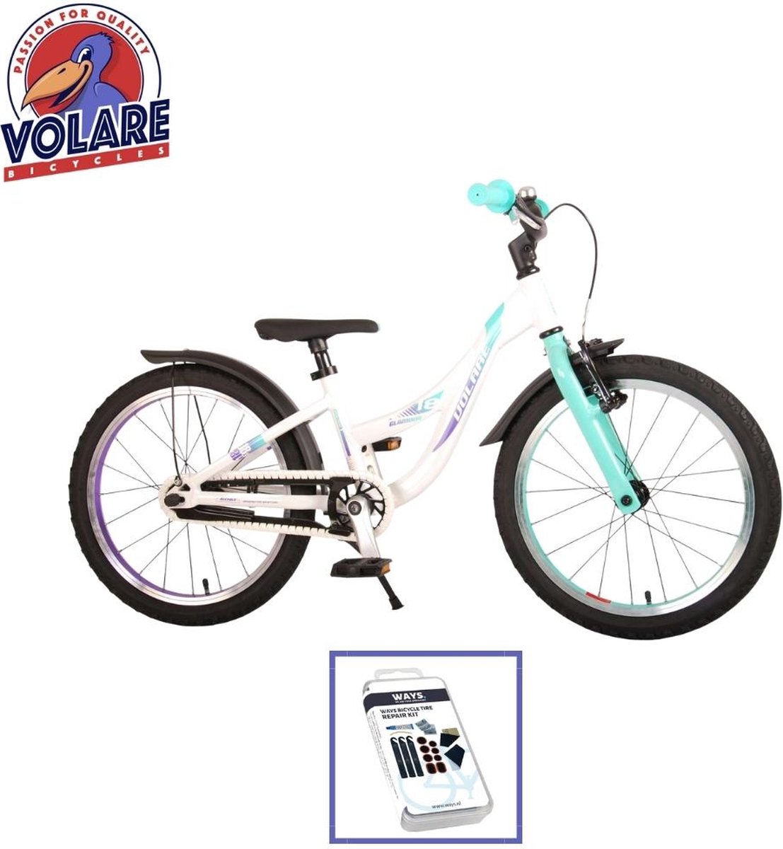 Volare Kinderfiets Glamour - 18 inch - Wit/Mintgroen - Inclusief WAYS Bandenplakset Kinderfiets kopen online