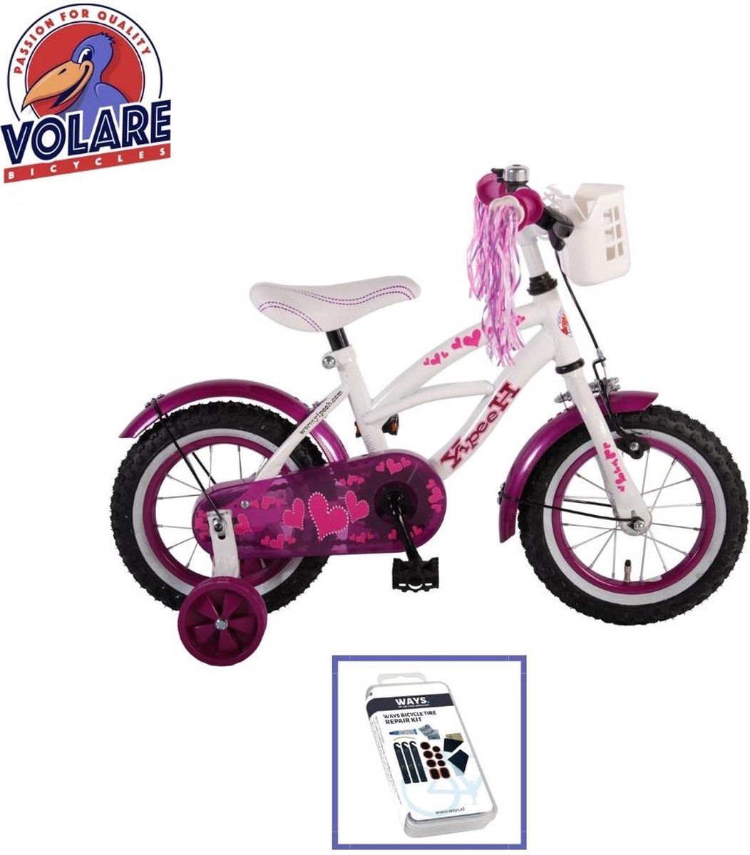volare kinderfiets heart cruiser 12 inch wit paars inclusief ways bandenplakset