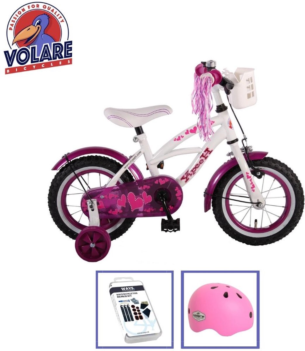 Volare Kinderfiets Heart Cruiser - 12 inch - Wit/Paars - Met fietshelm & accessoires Kinderfiets kopen online