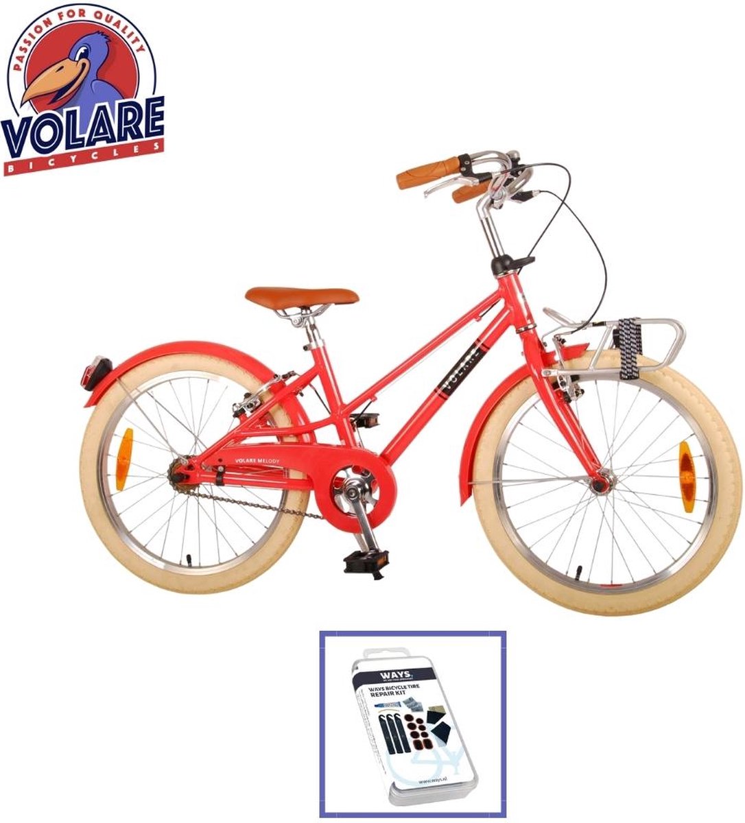 volare kinderfiets melody 20 inch koraal rood twee handremmen inclusief ways bandenplakset