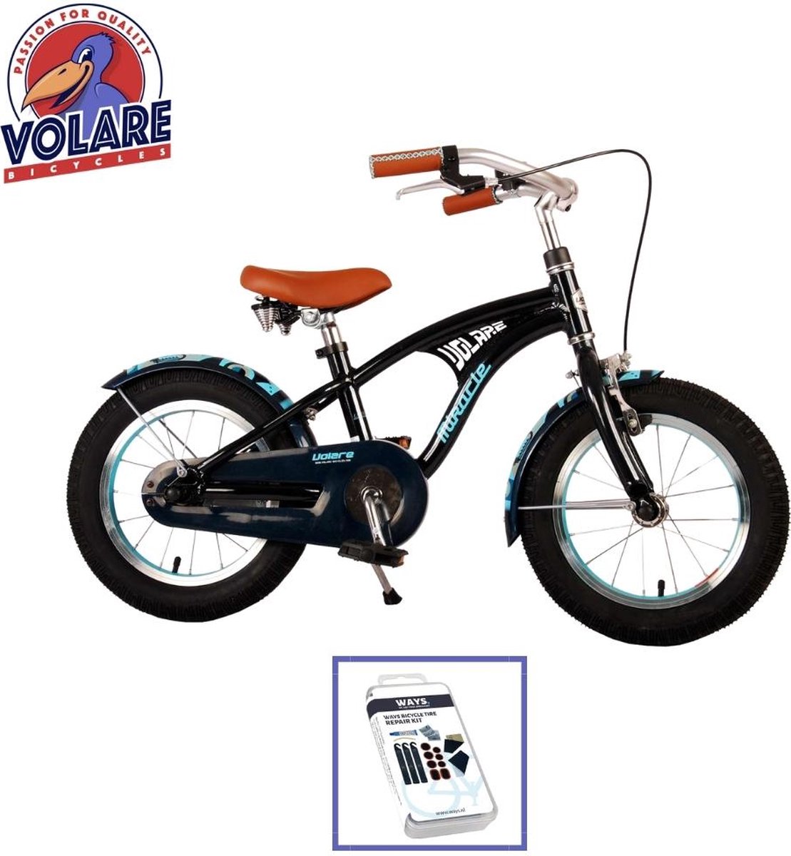 Volare Kinderfiets Miracle Cruiser - 14 inch - Mat Blauw - Inclusief WAYS Bandenplakset Kinderfiets kopen online