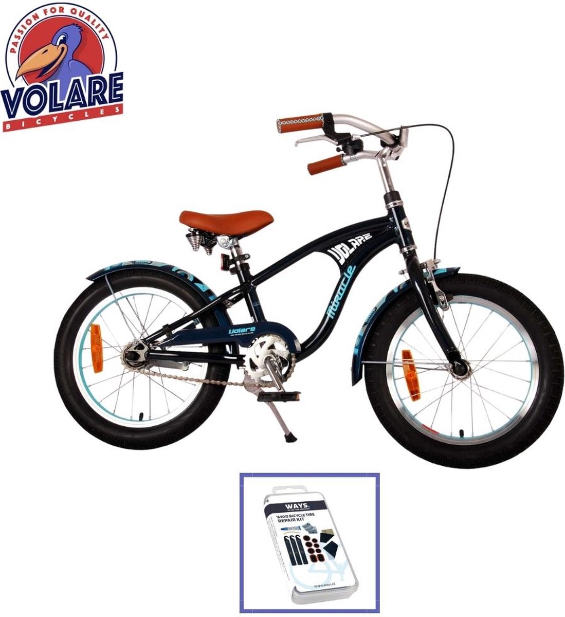 Volare Kinderfiets Miracle Cruiser - 16 inch - Mat Blauw - Inclusief WAYS Bandenplakset Kinderfiets kopen online