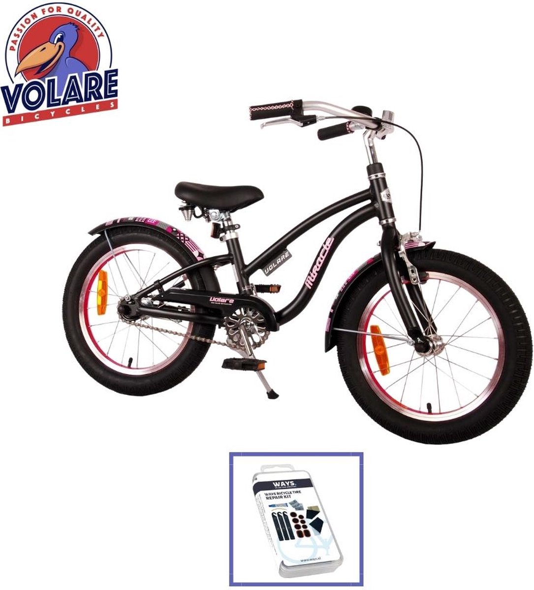 Volare Kinderfiets Miracle Cruiser - 16 inch - Mat Zwart - Inclusief WAYS Bandenplakset Kinderfiets kopen online