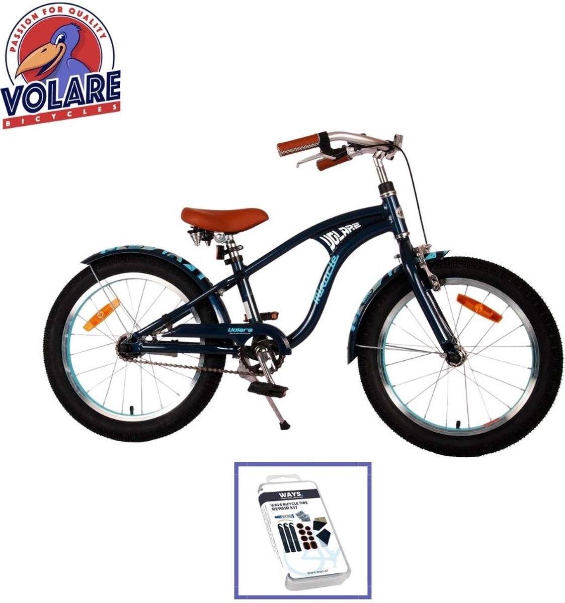 Volare Kinderfiets Miracle Cruiser - 18 inch - Mat Blauw - Inclusief WAYS Bandenplakset Kinderfiets kopen online