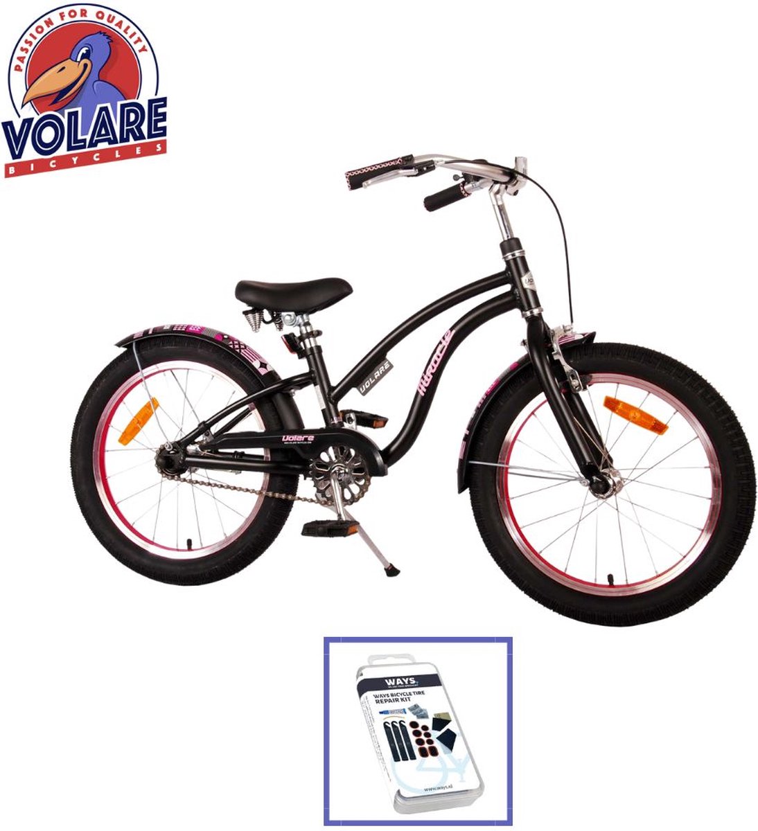 Volare Kinderfiets Miracle Cruiser - 18 inch - Mat Zwart - Inclusief WAYS Bandenplakset Kinderfiets kopen online