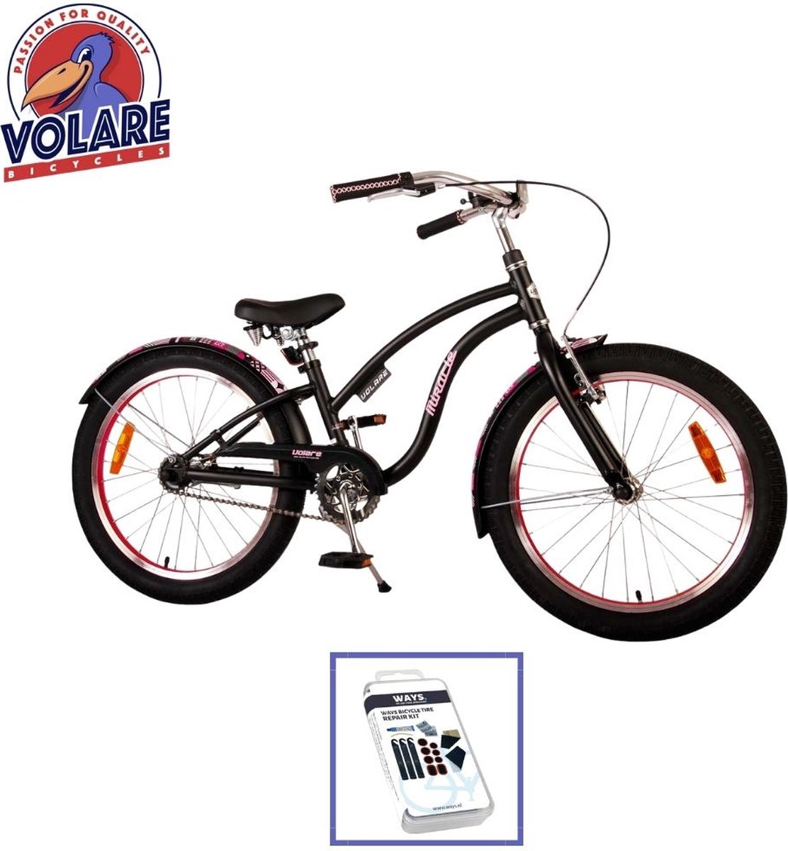 volare kinderfiets miracle cruiser 20 inch mat zwart inclusief ways bandenplakset