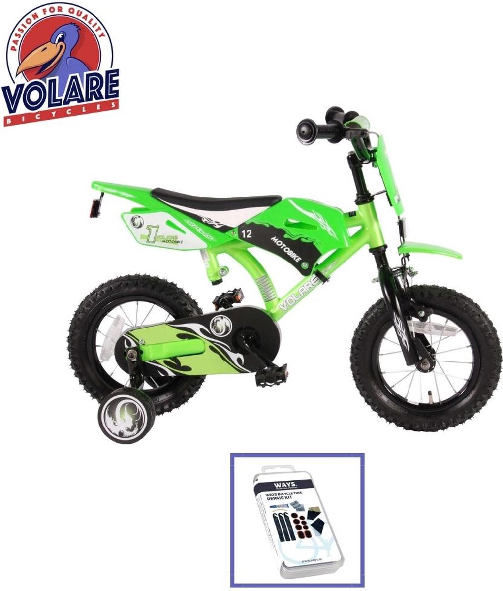 Volare Kinderfiets Motorbike - 12 inch - Groen - Inclusief WAYS Bandenplakset Kinderfiets kopen online
