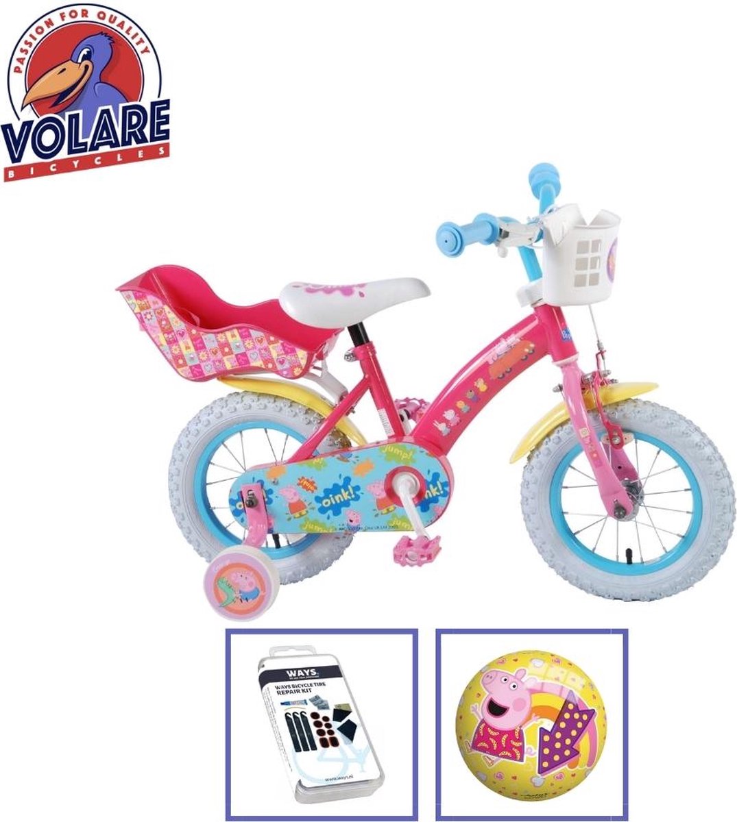 volare kinderfiets peppa pig 12 inch roze inclusief ways bandenplakset