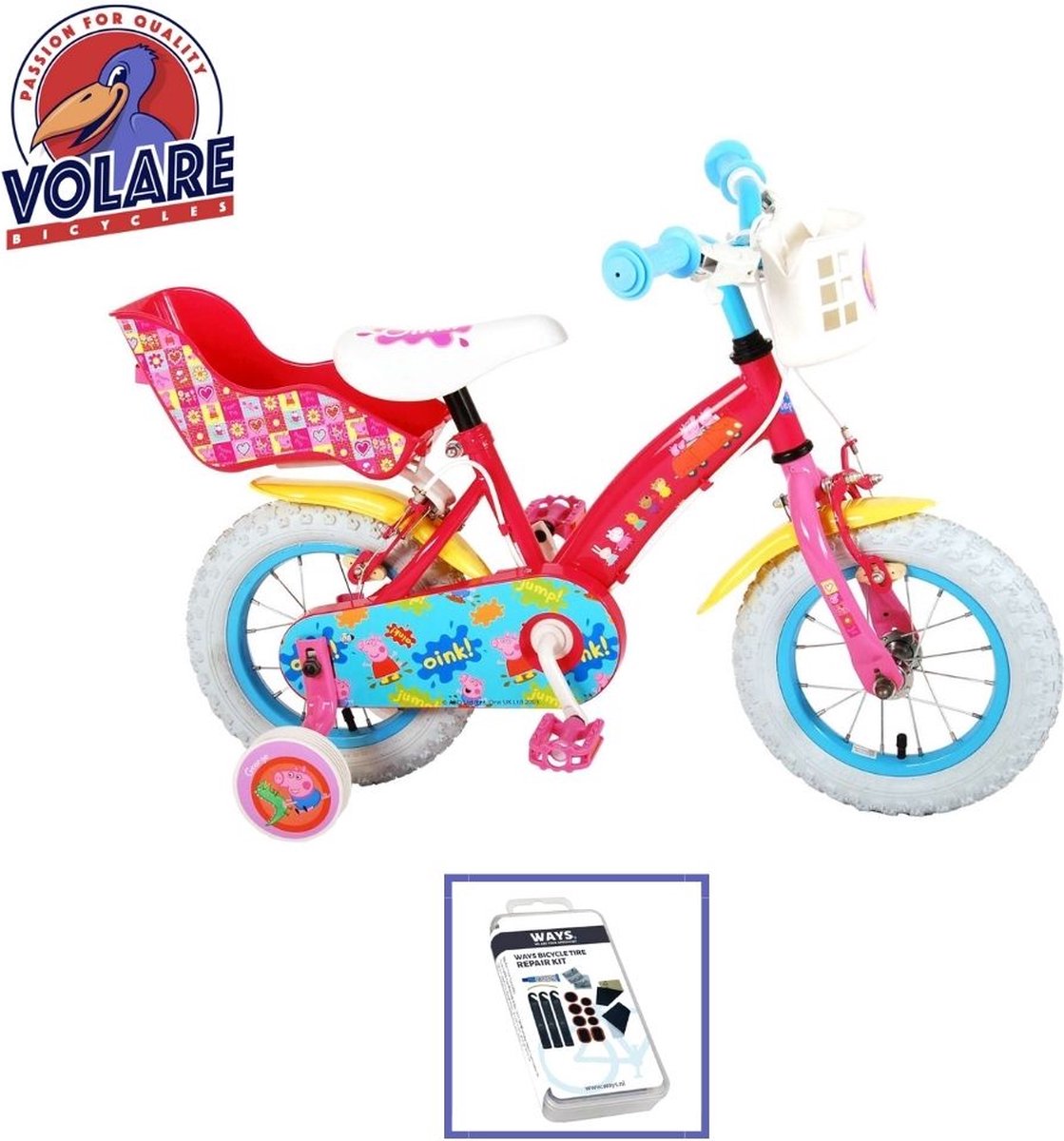 volare kinderfiets peppa pig 12 inch roze twee handremmen inclusief ways bandenplakset