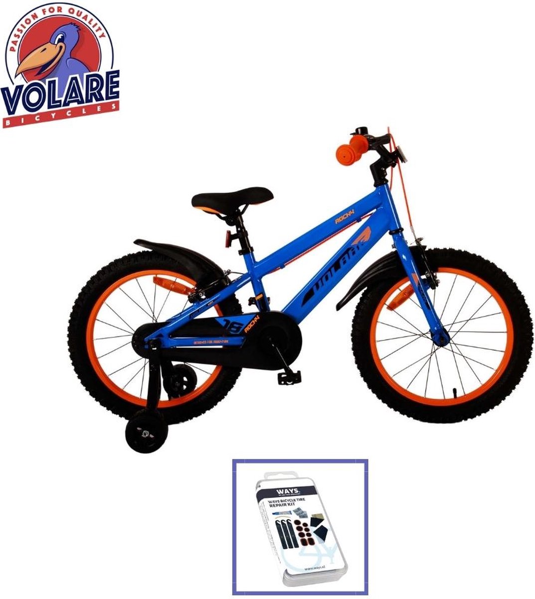 volare kinderfiets rocky 14 inch blauw rood twee handremmen inclusief ways bandenplakset