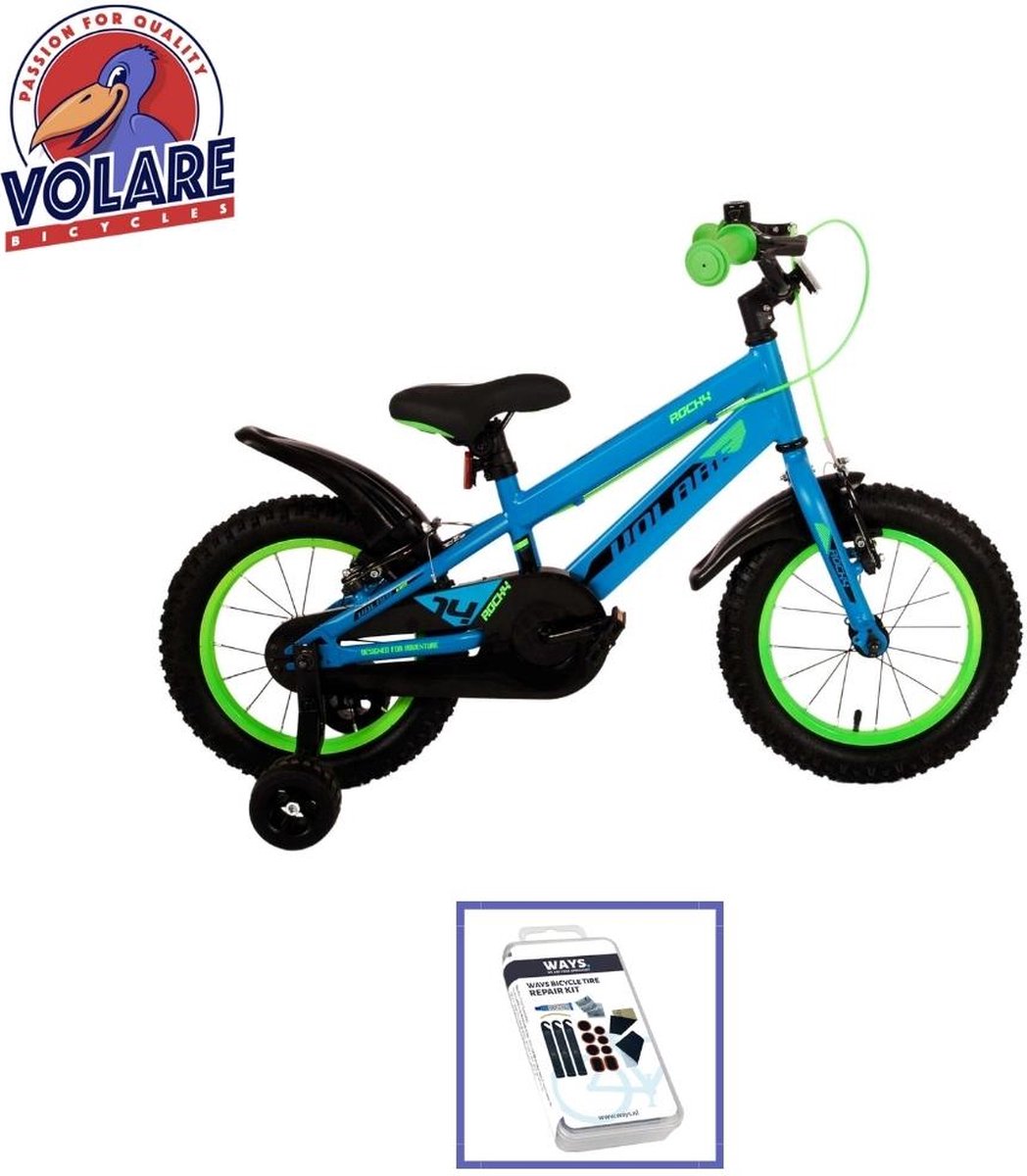 volare kinderfiets rocky 16 inch blauw groen twee handremmen inclusief ways bandenplakset