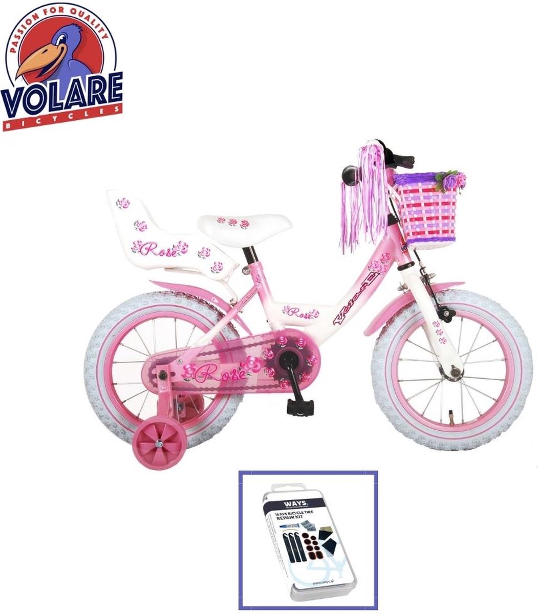 volare kinderfiets rose 14 inch roze wit inclusief ways bandenplakset