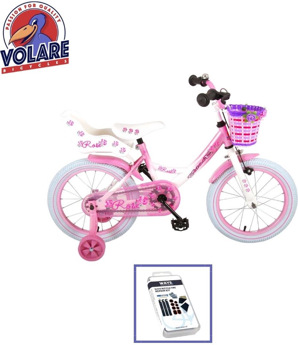 Volare Kinderfiets Rose - 16 inch - Roze/Wit - Inclusief WAYS Bandenplakset Kinderfiets kopen online