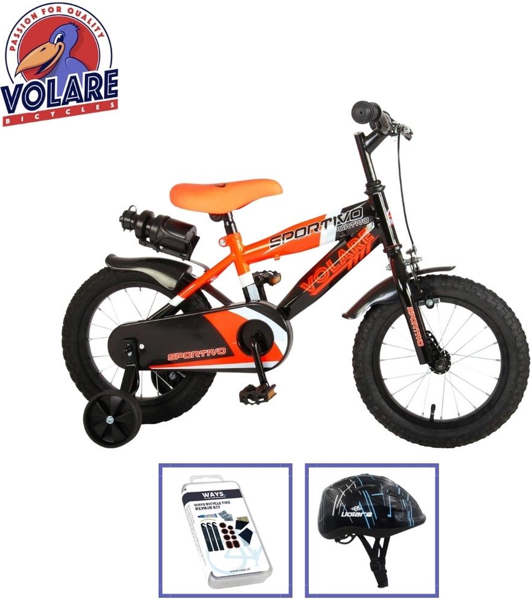volare kinderfiets sportivo 14 inch oranje zwart met fietshelm accessoires