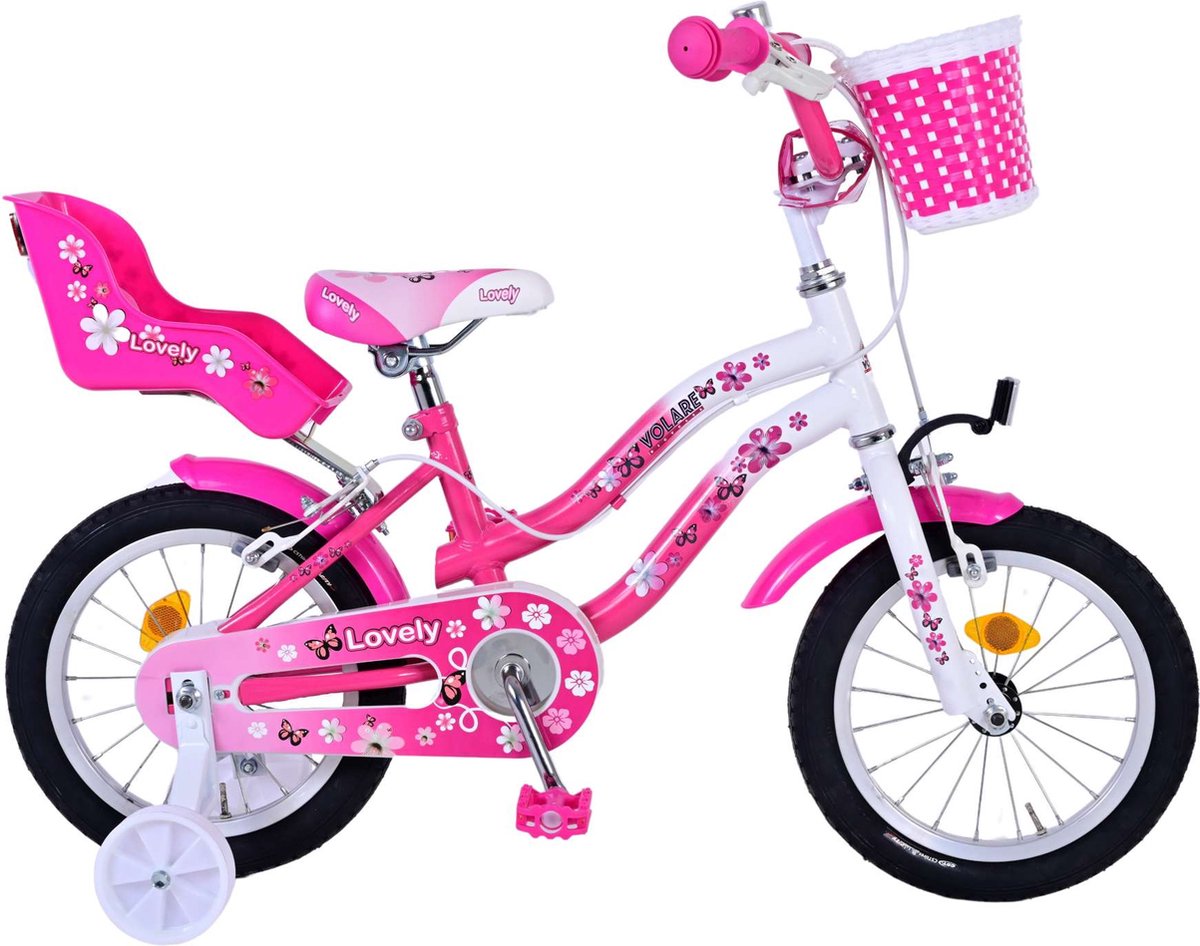 volare lovely kinderfiets meisjes 14 inch roze wit twee handremmen