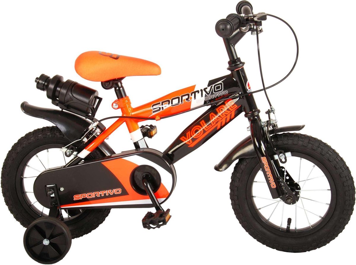 Volare Sportivo Kinderfiets - Jongens - 12 inch - Neon Oranje Zwart - Twee Handremmen - 95% afgemonteerd Kinderfiets kopen online