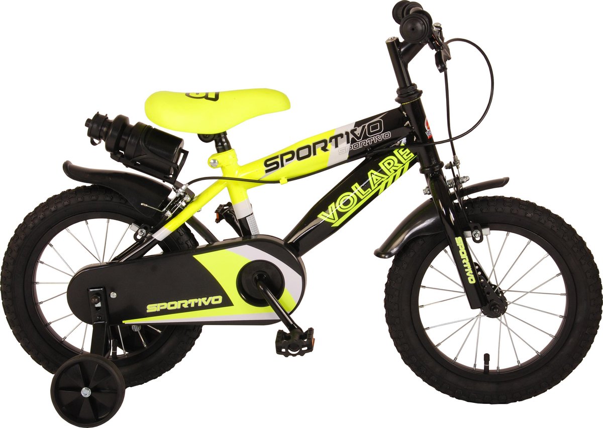 Volare Sportivo Kinderfiets - Jongens - 14 inch - Neon Geel Zwart - Twee Handremmen - 95% afgemonteerd Kinderfiets kopen online
