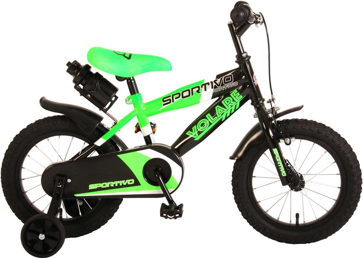 Volare Sportivo Kinderfiets - Jongens - 14 inch - Neon Groen/Zwart - 95% afgemonteerd Kinderfiets kopen online