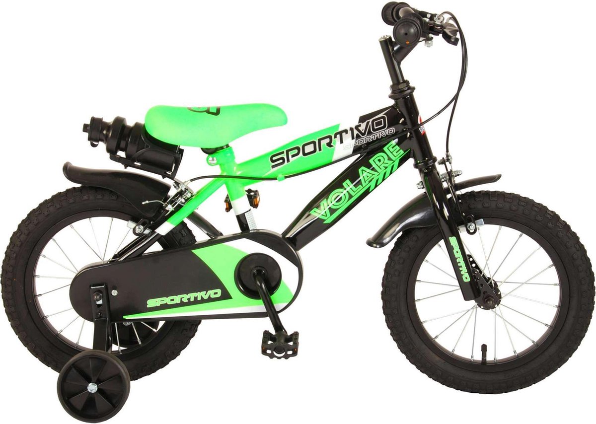 Volare Sportivo Kinderfiets - Jongens - 14 inch - Neon Groen Zwart - Twee Handremmen - 95% afgemonteerd Kinderfiets kopen online