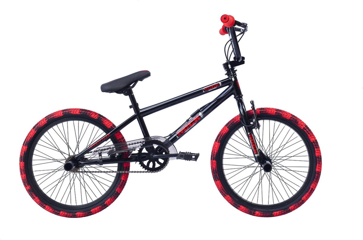 bmx freestyle rapid 360 graden draaien 20 inch wielmaat fietsen jongens v brakes en remgrepen frame maat 28cm zwart rood