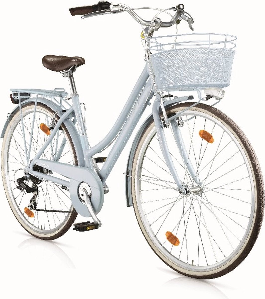 damesfiets hybride stadsfiets 28 inch met 18 versnellingen fietsmand framemaat 46 cm v brakes en remgrepen blauw