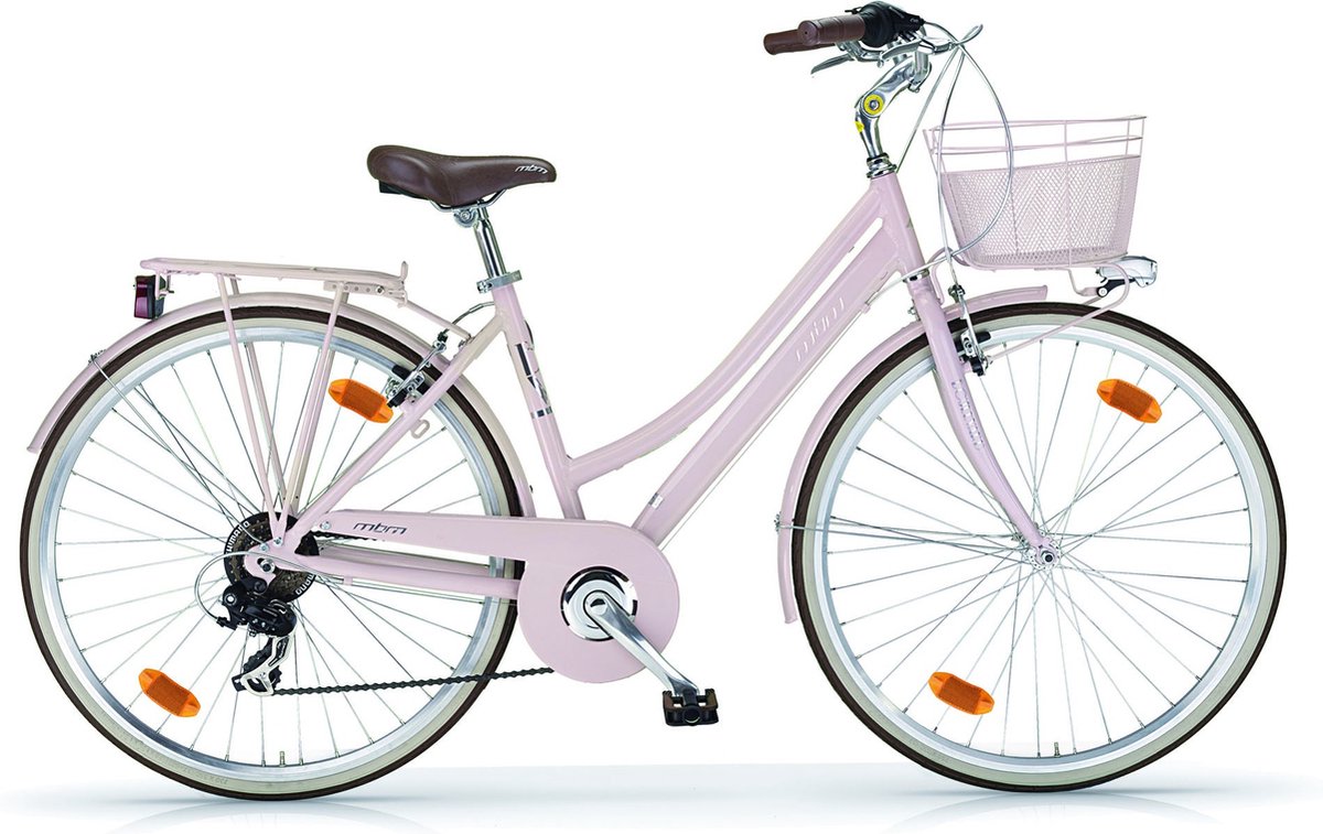 damesfiets hybride stadsfiets 28 inch met 18 versnellingen fietsmand framemaat 46 cm v brakes en remgrepen roze