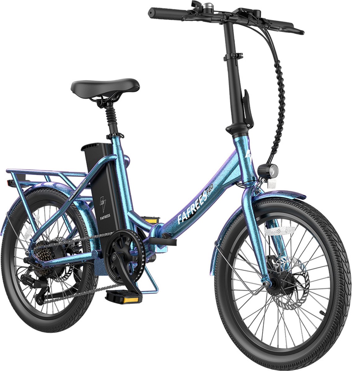 fafrees f20 duurzame elektrische fiets 250w motor 36v 18 2ah batterij 20 1 95 banden 25km h max snelheid 120km max bereik mechanische schijfremmen shimano 7 versnellingen radiant teal
