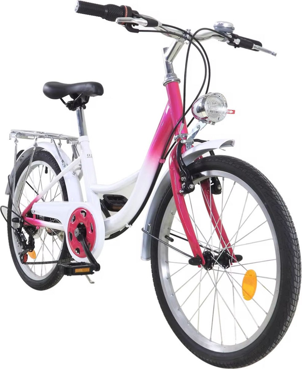 meisjes fiets 20 inch kinderfiets inclusief fietsbel en kettingkast 6 versnellingen roze wit