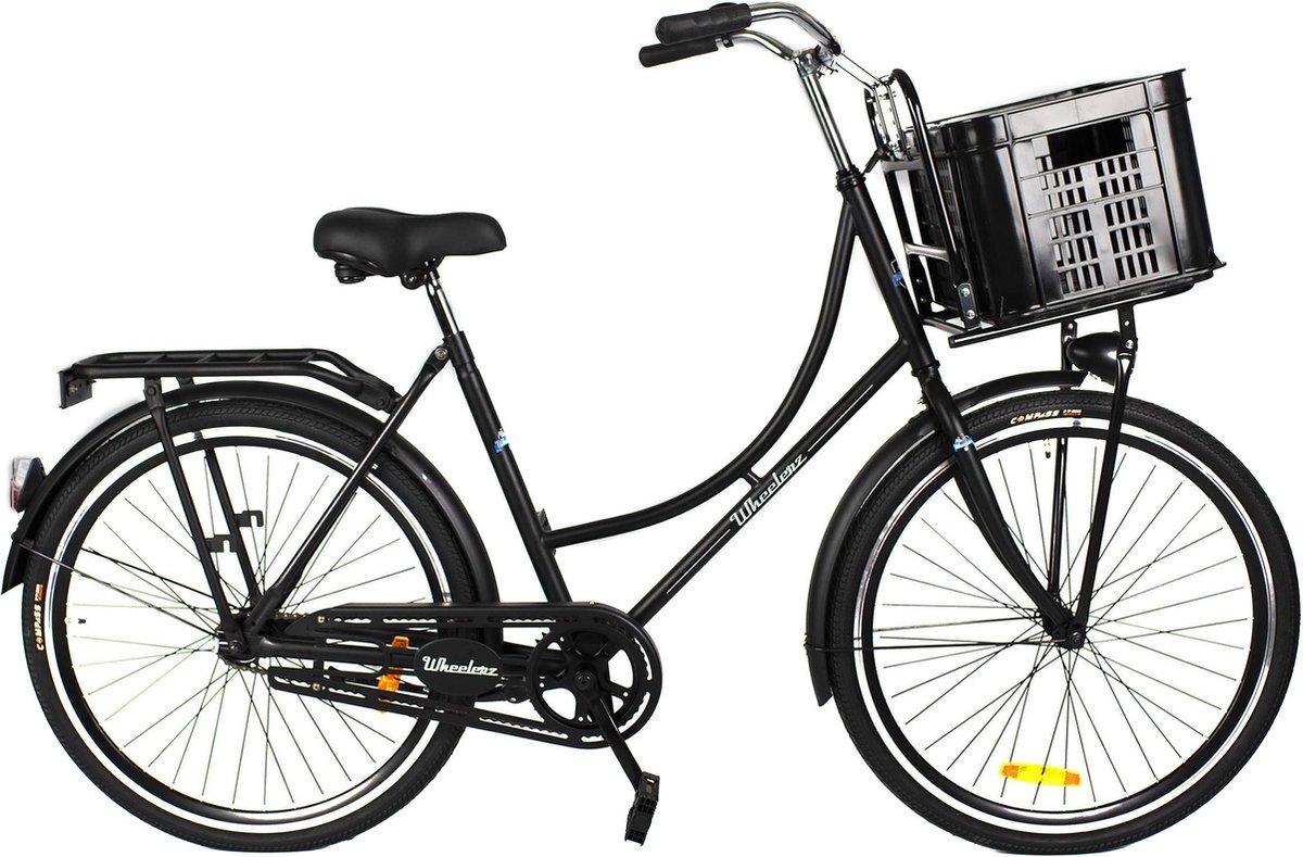 wheelerz omafiets classic 26 inch matzwart inclusief voordrager krat