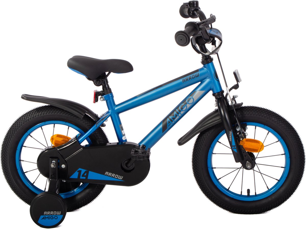 amigo arrow jongensfiets 14 inch kinderfiets voor 3 tot 5 jaar 95 110 cm met zijwieltjes blauw zwart