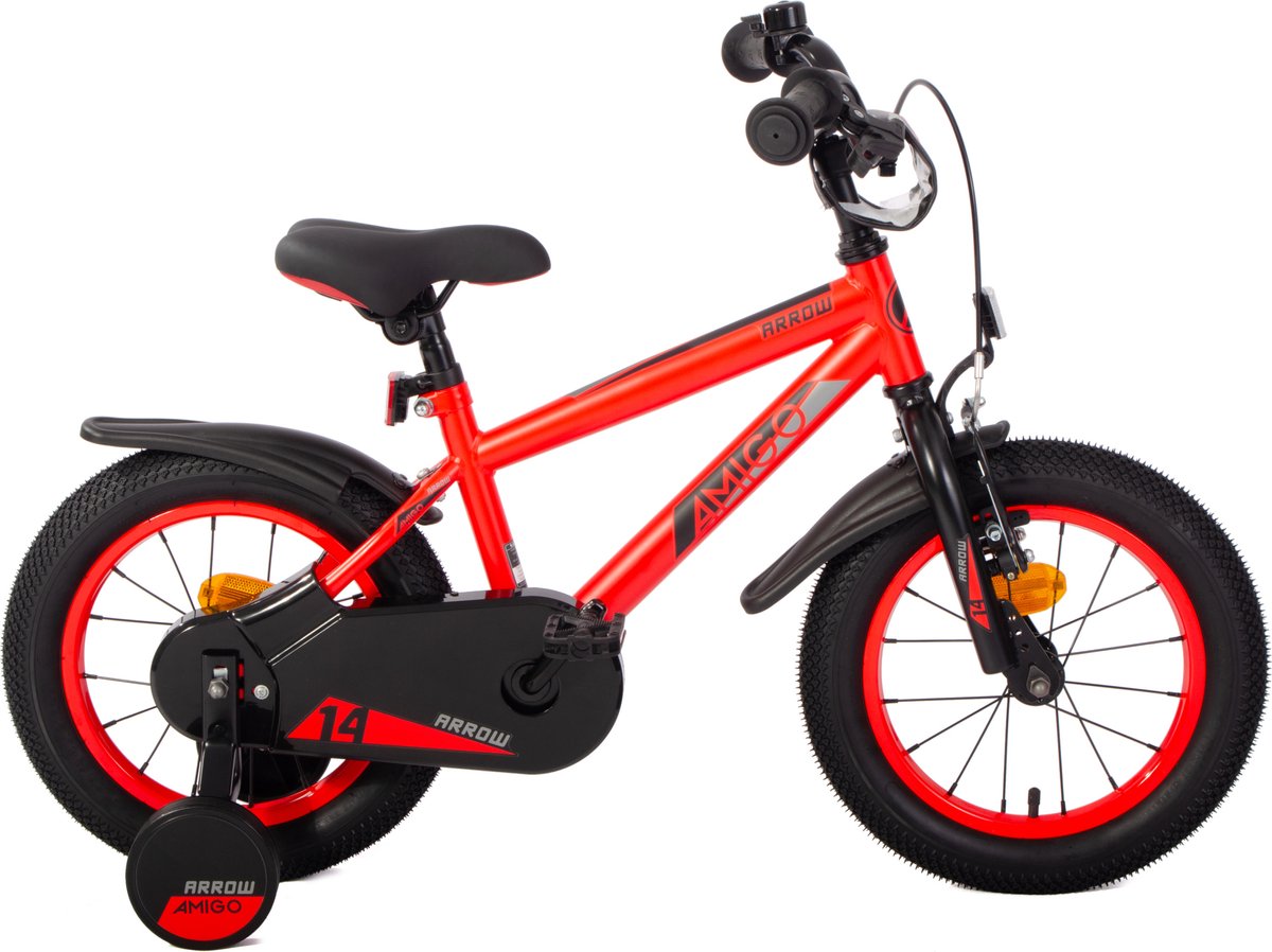 amigo arrow jongensfiets 14 inch kinderfiets voor 3 tot 5 jaar 95 110 cm met zijwieltjes rood zwart