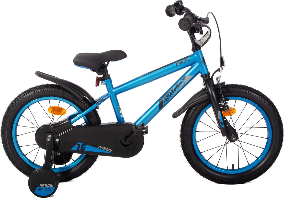 amigo arrow jongensfiets 16 inch kinderfiets voor 4 tot 6 jaar 100 115 cm met zijwieltjes blauw zwart