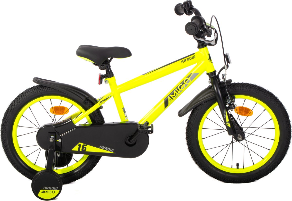 AMIGO Arrow Jongensfiets 16 Inch - Kinderfiets voor 4 tot 6 Jaar - 100-115 cm - Met Zijwieltjes - Geel/Zwart Kinderfiets kopen online