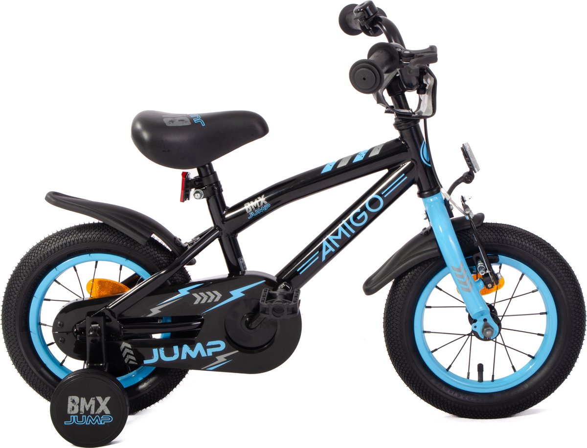 AMIGO BMX Jump Jongensfiets 12 Inch - Kinderfiets voor 2 tot 4 Jaar - 90-105 cm - Met Zijwieltjes - Zwart/Blauw Kinderfiets kopen online