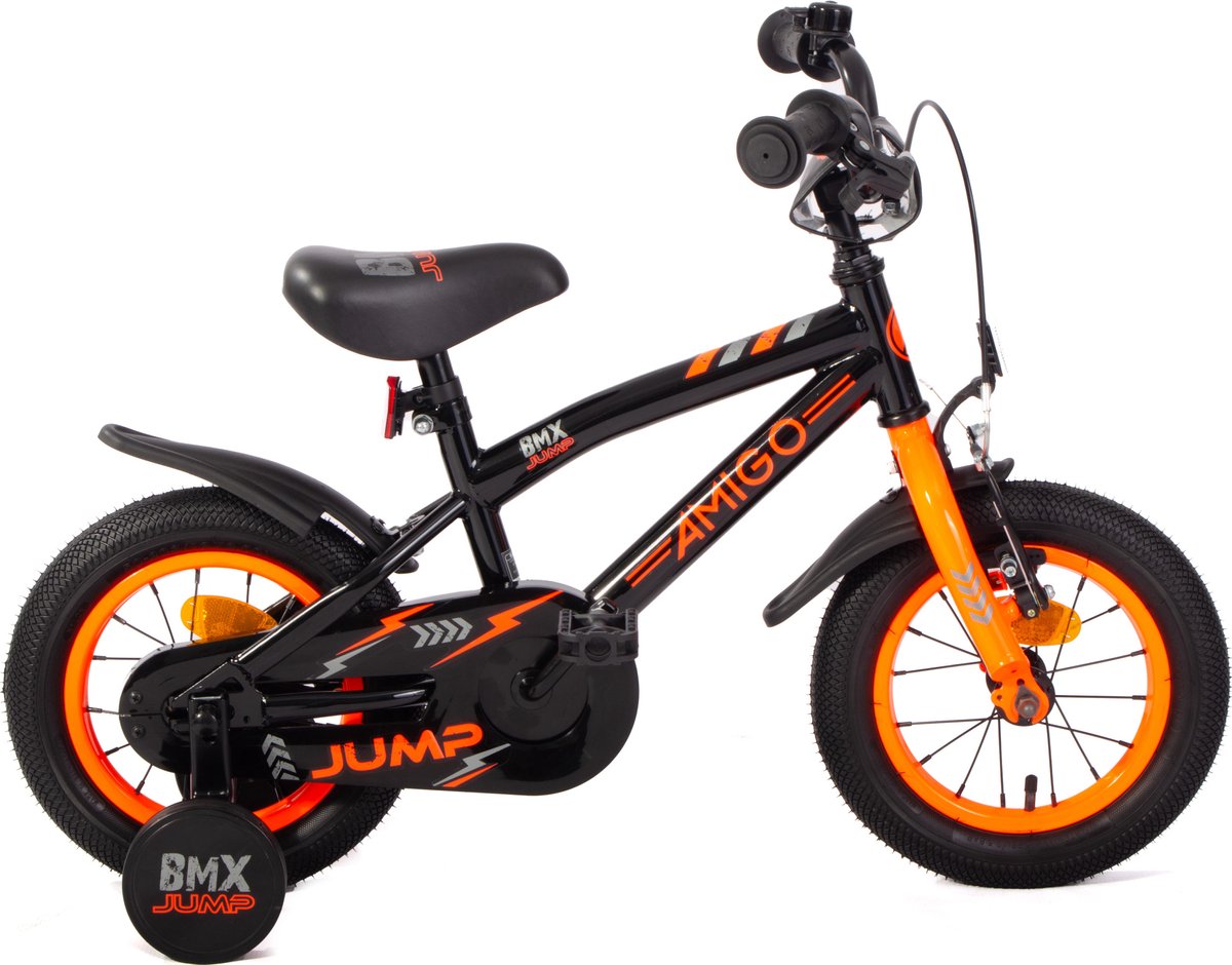 AMIGO BMX Jump Jongensfiets 12 Inch - Kinderfiets voor 2 tot 4 Jaar - 90-105 cm - Met Zijwieltjes - Zwart/Oranje Kinderfiets kopen online